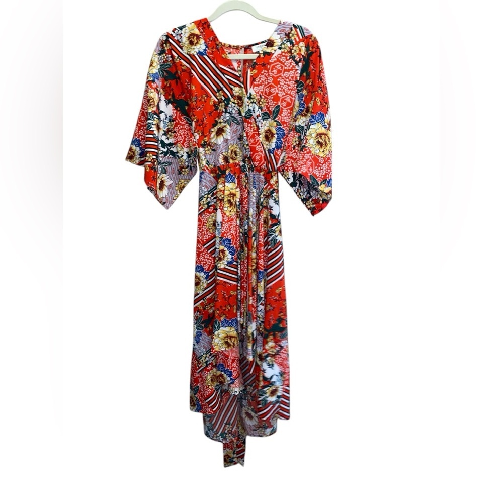 Umgee Small Floral Stripe Print High Low Midi Dress Red/Green/White